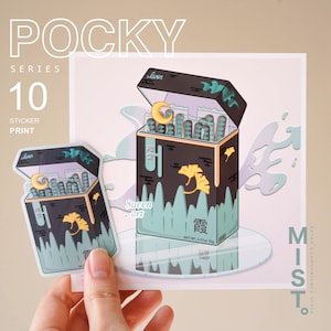 Kunstafdruk of sticker, mist pocky, vierkante print, schattige kunstprint, pocky print