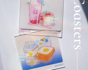 Pantone Color, Acrylic Coasters, breakfast coaster, drinkware, Cherry blossom, strawberry sandwich, pink aesthetics