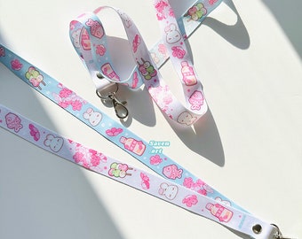 Lanyards, sakura, cherry blossom, Japanese snacks, white bunny, two tone lanyard