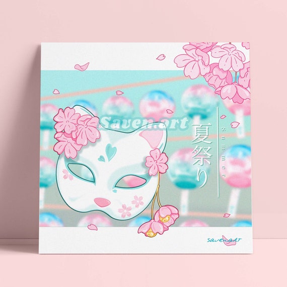 Art Print, Cat Mask, Summer festival, square print, anime aesthetic, cat lover