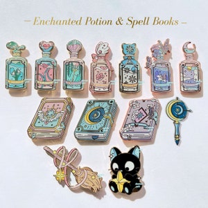 Enchanted Potions, magical things, cute enamel pins, witch craft, spell books, black cat, broom stick lapel pin