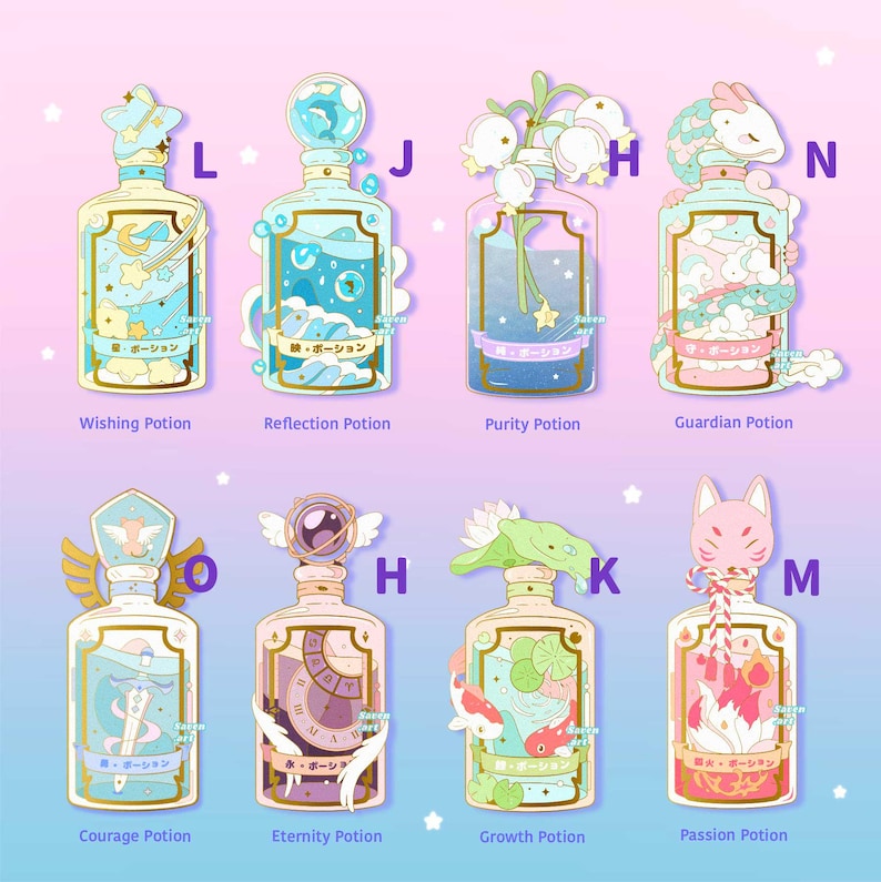 May include: Nine colourful potion bottles with gold accents and different designs. Each bottle has a Japanese word and a name for the potion: Wishing, Reflection, Purity, Guardian, Courage, Eternity, Growth, and Passion.