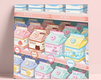 Impression d&#39;art en carton de lait, supermarché Anime, dépanneur, magasin japonais, esthétique anime