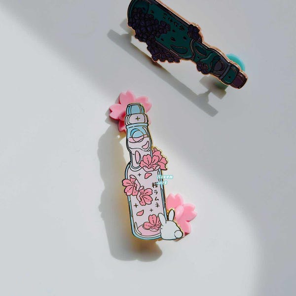 Enamel pin, Ramune, Sakura, Cherry blossom, Hydrangea drinks, Tokyo Snacks Enamel Pins, Japanese drinks, cute pins