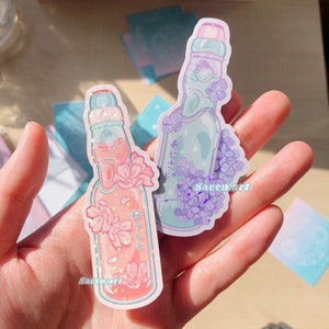 Aufkleber, Ramune gestanzte Aufkleber, japanische Getränke, Sakura Soda, Hortensie, Wetterfester Aufkleber
