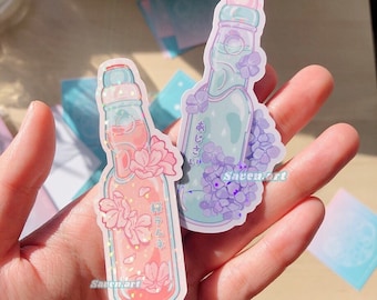 Sticker, stickers ramune découpés, boissons japonaises, soda Sakura, hortensia, sticker résistant aux intempéries