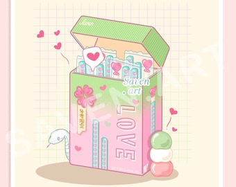 Kunstdruck, Love Pocky Art Print, Quadratischer Druck, Süßer Kunstdruck, Pocky Print, Dango, Sakura Mochi
