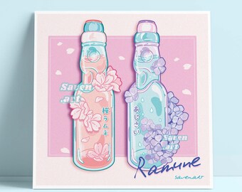 Sakura Art Print, Art Print, Square Print, Cute Art Print, Gingko Soda, Japanese inspired art, Ramune Print, Cherry Blossom