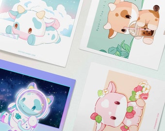 Kunstdruck, süße Kuh, quadratischer Druck, Zuckerwatte Kuh, Boba Kuh, Moo Druck, Kuhliebhaber Drucke