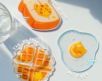 Toast, Acrylic Coasters, breakfast coasters, drinkware, cute anime style, waffle coaster, egg coaster, cute fun coaster