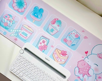 Cherry blossom desk mat, Large Mouse Pad, Table Mat, Gaming Mousepad, Desk Accessories, Art Desk Pad, Kawaii Desk Pad, white rabbit