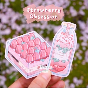 Sticker, Lait aux fraises, amateur de fraises, tiramisu, gâteau, Sticker vinyle résistant aux intempéries, Stickers holographiques découpés, flocons d'autocollants