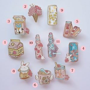 Tokyo Snacks Enamel Pins, japanese snack pins, cute pins, cherry blossom sakura pins, ramune soda collection