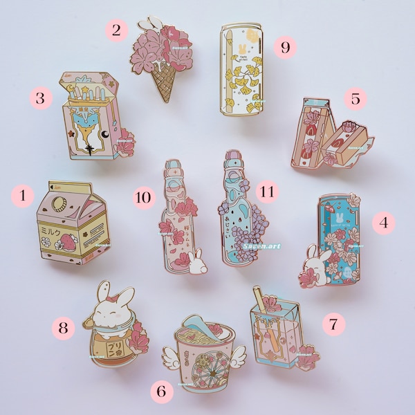 Tokyo Snacks Enamel Pins, japanese snack pins, cute pins, cherry blossom sakura pins, ramune soda collection