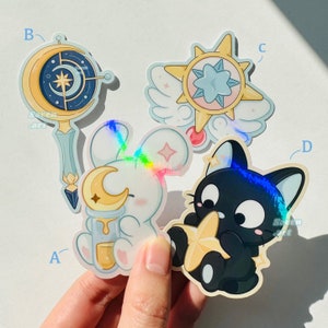 Autocollant, baguette de lune, chat noir, holographique, décalcomanie en papier vinyle résistant aux intempéries, autocollants brillants découpés