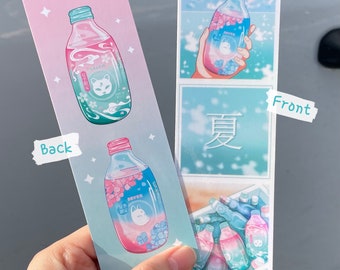 Japanese Summer Bookmark, summer drinks, shave ice, Essentials Bookmark, holographic, Books, reading, kawaii, double sided, cat mask