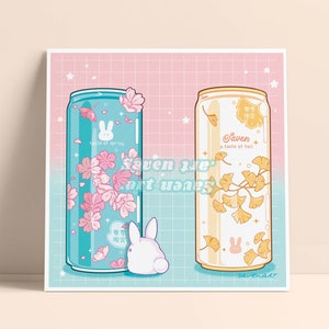 May include: Two illustrated aluminum cans with a pink and white background. The can on the left has a blue and white design with cherry blossoms and the text "taste of spring". The can on the right has a yellow and white design with ginkgo leaves and the text "Saven a taste of fall".