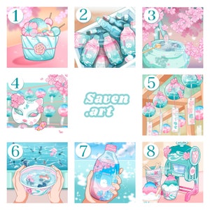 K&ouml;nnte beinhalten: Eine digitale Illustration mit acht Schritten zur Herstellung eines japanischen Rasier-Eis-Desserts. Die Schritte sind von 1 bis 8 nummeriert. Die Illustration ist in einem Pastellfarbschema aus Rosa, Blau und Gr&uuml;n gehalten. Die Illustration enth&auml;lt Bilder von Rasier-Eis, Kirschbl&uuml;ten und japanischen Getr&auml;nken.