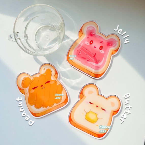Acrylic Coasters Beary Toasties Toast PB J Breakfast Coasters Drinkware Cute Anime Style Peanut Butter and Jelly Cute Fun Coaster Etsy UK