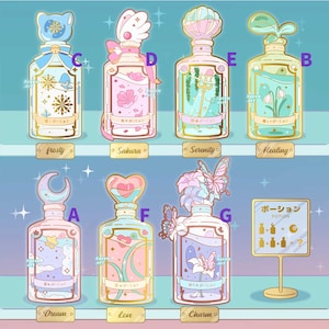 May include: Ten colourful glass potion bottles with gold accents and various charms, including a crescent moon, a heart, a butterfly, a flower, and a snowflake. Each bottle has a different name written below it, including "Dream", "Love", "Charm", "Frosty", "Sakura", "Serenity", "Healing", and "Potion".