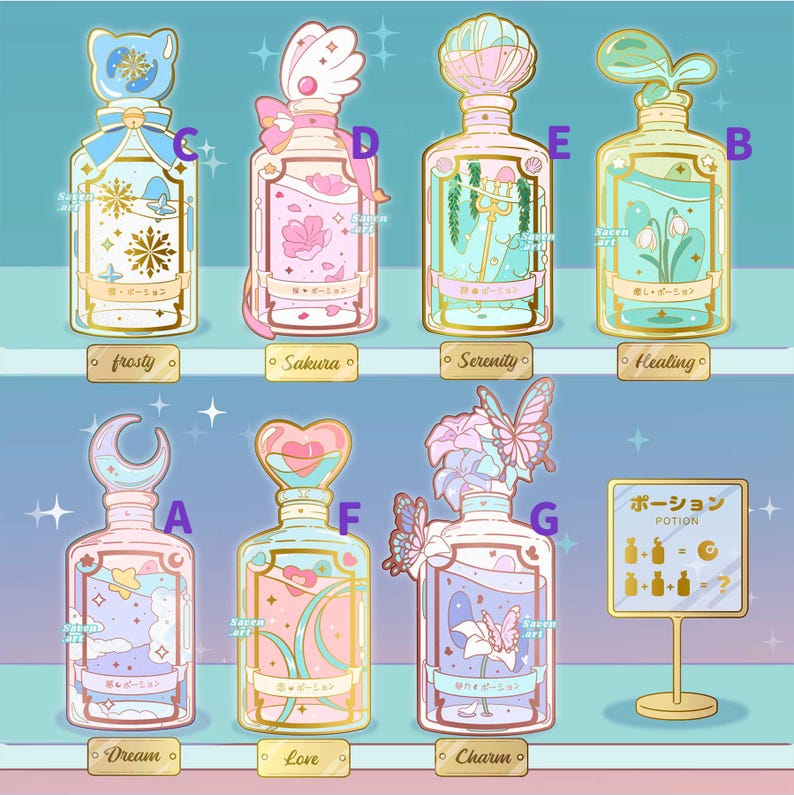 May include: Ten colourful glass potion bottles with gold accents and various charms, including a crescent moon, a heart, a butterfly, a flower, and a snowflake. Each bottle has a different name written below it, including "Dream", "Love", "Charm", "Frosty", "Sakura", "Serenity", "Healing", and "Potion".