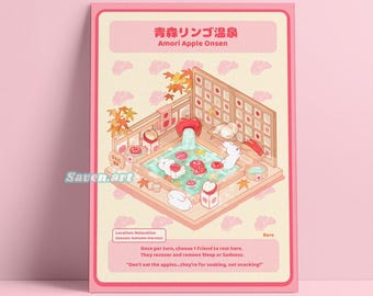 Bunny Apple Onsen Art Print | Aomori Japan Inspired Illustration | Cute Kawaii Bunny Wall Art | 5x7 Cozy Print for Collectors