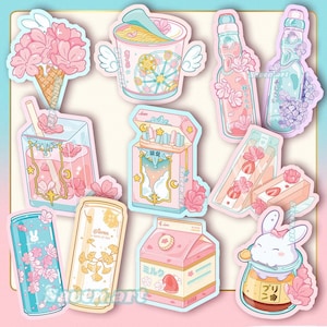 Stickers, Tokyo snacks sticker set, Japanese Kobini, Ramune stickers, sakura sodas