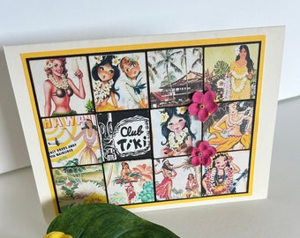 Handmade Greeting Card, Tropical Birthday, Hawaii Birthday Card, Vintage Hawaii Art, Hula Girl Art, Retro Travel Poster Collage, Tropical