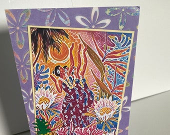 Hawaii Hula Dancer Birthday Card, Handmade Hawaii Card, Hawaii Birthday, Tropical Birthday, Vintage Aloha Greeting, Hula Dancer Card, Purple