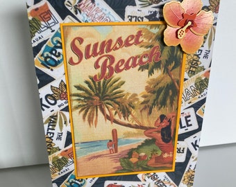 Beach Birthday Card, Vintage Hawaii Card, Oahu Sunset Beach, Hula Girl, Surf's Up, Handmade Card, Ocean Art Card, Vintage Beach Art, Retro