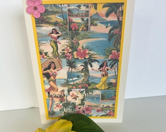 Hawaii Vacation Postcard, Hula Dancer Art, Retro Beach Postcard Collage, Tropical Birthday, Hawaii Birthday, Retro Travel, Travel Art Card