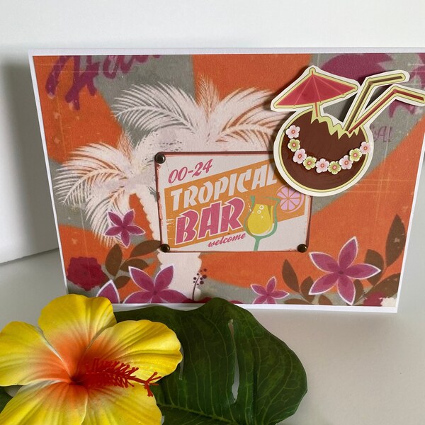 Hawaii Birthday Card, Aloha Greetings, Retro Bar Art, Coconut Mai Tai, Tropical Cocktail Art, Waikiki Beach, Island Life, Palm Tree Fun