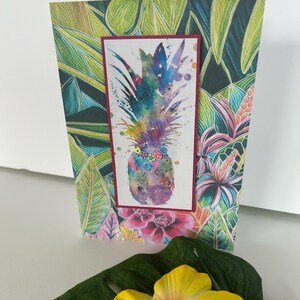 Tarjeta de cumpleaños de piña, piña hawaiana, pide un deseo, flores tropicales, piña aloha, piña tropical, cumpleaños para él o ella