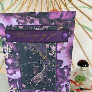 Japanese Koi Sympathy Card: Asian Floral Grieving Card, Purple Hibiscus Mourning Art Collage