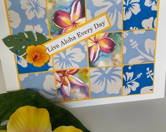 Hawaiian Plumeria Aloha Card, Tropical Flower Collage Art, Handmade Island Greeting, Handmade Hawaii Notecard, Hawaii Postcard, Hawaii Life