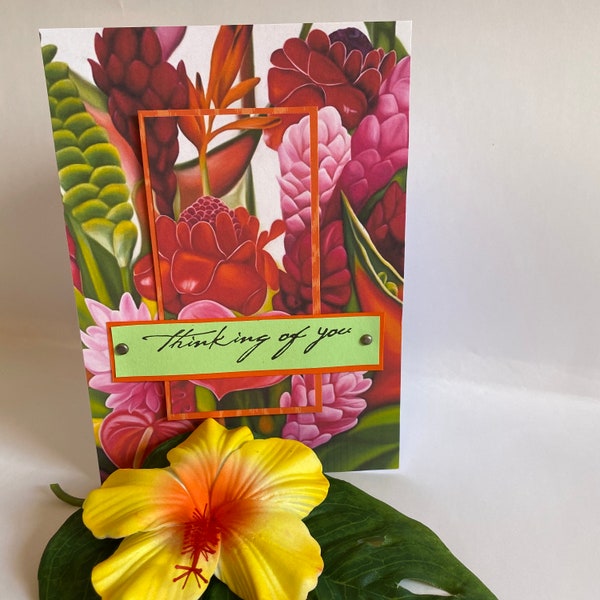 Floral Sympathy Card, Hawaiian Ginger Mourning Card, Tropical Flower Cards, Aloha Card, Grieving Card, Handmade Retro Hawaii Flower Art