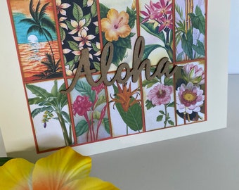 Handmade Hawaiian Flower Quilt Card, Floral Notecard, Island Collage, Nature Aloha Card, Handmade Greeting Card, 3d Floral, Hawaii Birthday
