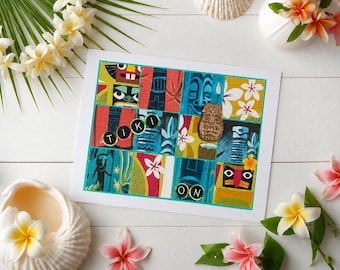 Vintage Hawaii Tiki Art Card, Mid-Century Modern Tiki Greeting, Keepsake Aloha, Hawaii Birthday, Tropical Birthday, Destination Wedding,