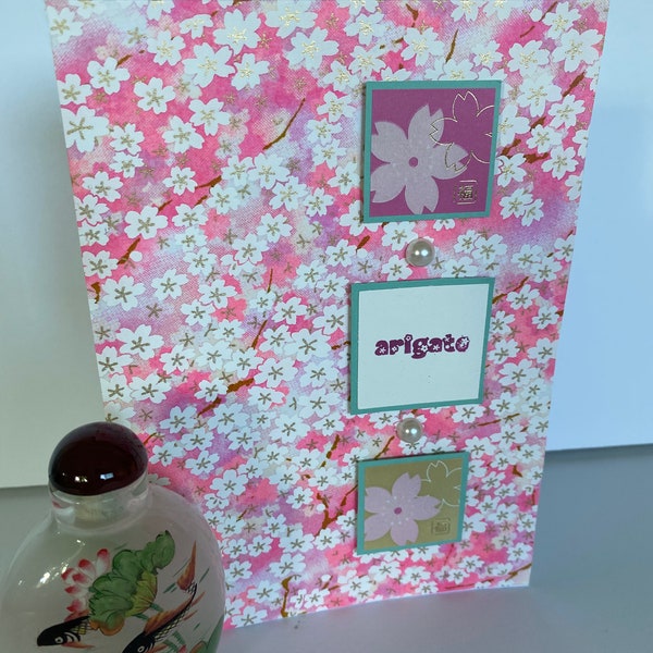 Japanese Thank You Arigato Pink Floral Collage Art Card, Mixed Media Asian Collage Card, Vintage Asian, Yuzen Paper Ephemera Card with Pearl