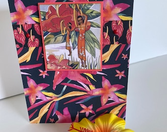 Handmade Greeting Card, Vintage Hula Dancer Card, Retro Hawaiian Lei, Floral Art Card, Gill Collage Art, Hawaii Birthday, Tropical Birthday