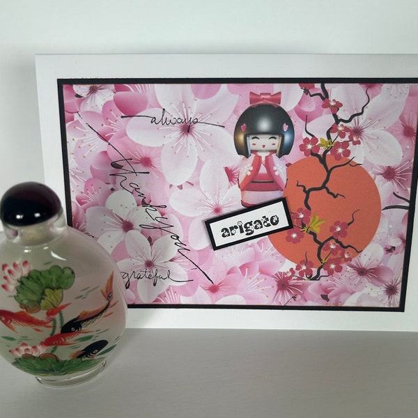 Japanese Kokeshi Doll Card, Thank You Arigato Card, Mixed Media Asian Collage Card, Vintage Asian Cherry Blossom with Doll, Sakura Blossom