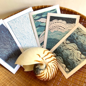 Ocean Wave Card Set: Nautical Seashore Greeting Cards, Blue Planet Wave Art Collage