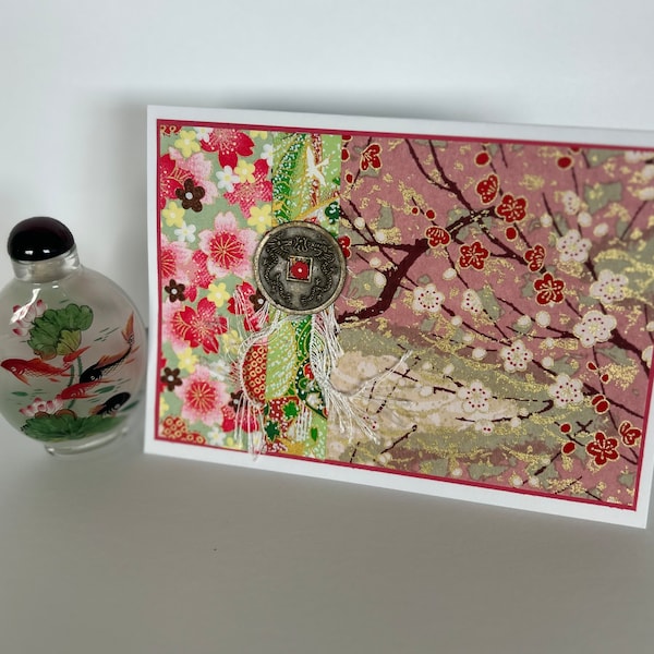 Blank Japanese Cherry Blossom Art Card, Asian Sympathy Card, Asian Collage Art, Asian Nature Card, Vintage Asian, Yuzen Paper Card, Sakura