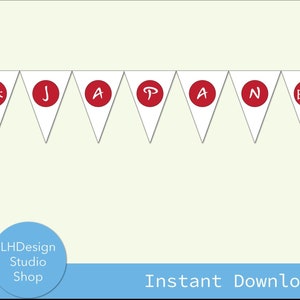 May include: A white triangular banner with red circles containing the letters "J", "A", "P", "A", "N" and the Japanese word "日本" (Nihon) for Japan. The banner is perfect for a Japan-themed party.