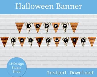 Halloween Banner - Printable Bunting, Happy Halloween Party, DIY decorations, Orange and Black Bats, Digital Download