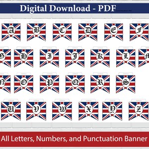 Banner de festa para impressão com todas as letras e números da bandeira britânica - DOWNLOAD INSTANTÂNEO - Arquivo digital PDF personalizável para festa temática em inglês