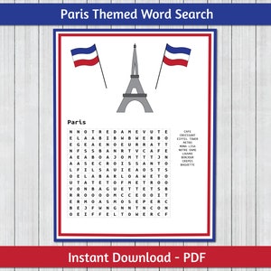 Paris France Word Search Printable Game - INSTANT DOWNLOAD - PDF Digital File for Paris, France themed party
