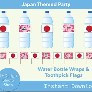 Könnte beinhalten: Druckbare Wasserflaschen-Etiketten und Zahnstocher-Fähnchen mit japanischem Thema. Die Designs beinhalten einen roten Kreis, Kirschblüten, einen japanischen Tempel und einen Berg. Der Text "Japan Themed Party" und "Water Bottle Wraps & Toothpick Flags" ist im Bild enthalten.