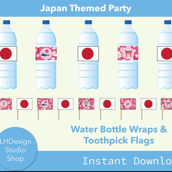 Japan Flag Printable Decor - Water Bottle Wraps and Toothpick Flags - Instant Download - PDF - Japanese Party Decorations