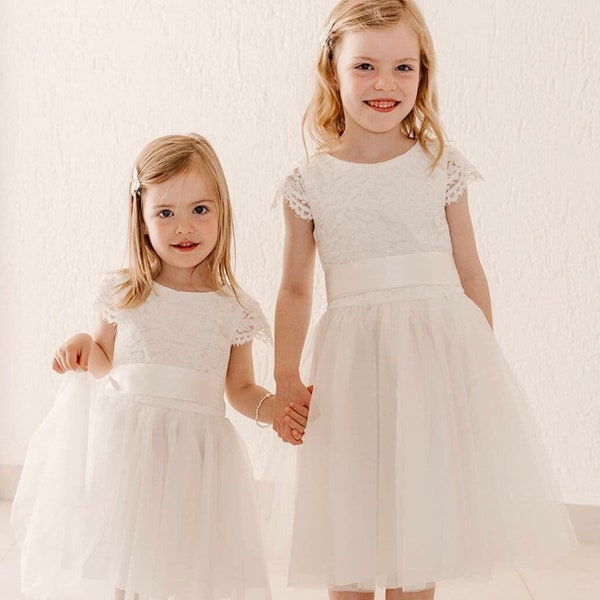 Flower Girl Dress Ivory Lace and Tulle Flower Girl Bridesmaid Christening Communion Dress with Colour sash Express Delivery